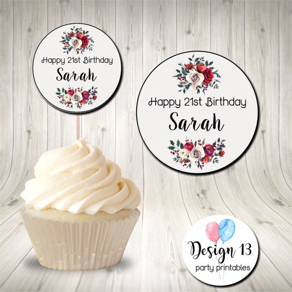 Red Flowers Birthday Cupcake Topper Favor Tag Printable Digital Il_570xn