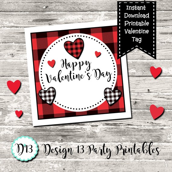Buffalo Plaid Valentine Square Tag Digital Printable INSTANT DOWNLOAD Il_570xn