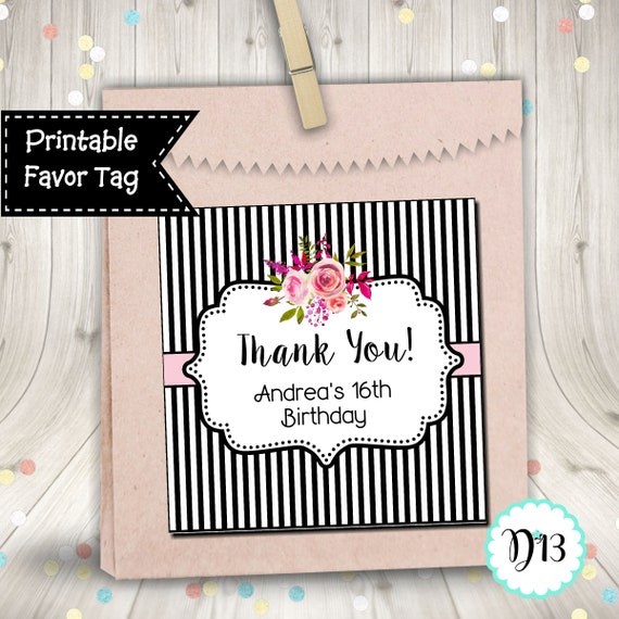 Black and White Stripe Pink Flowers Birthday Shower Favor Tag Square Tag Printable Digital Il_570xn