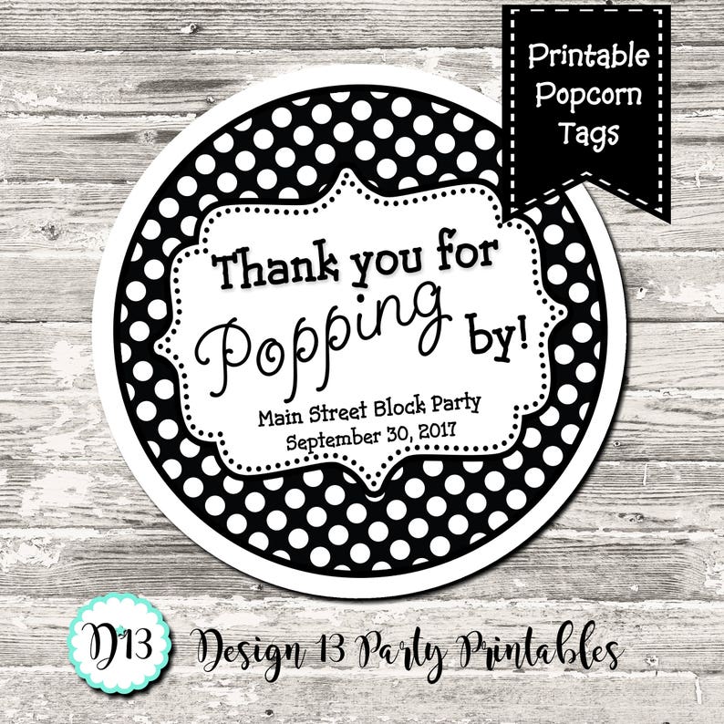 Thank You For Popping By Popcorn Label Favor Tags Circle Tags Printable Digital image 2