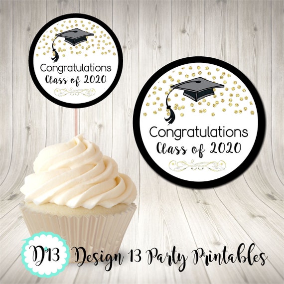 Graduation Circle Tag Cupcake Topper Gold Confetti Congratulation Class of 2020 Digital Printable INSTANT DOWNLOAD Il_570xn
