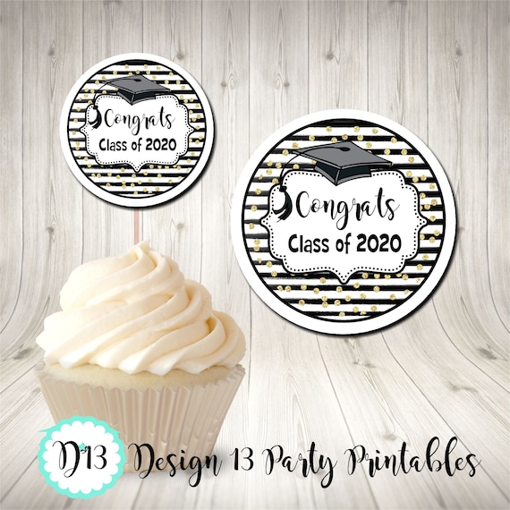 Graduation Circle Tag Cupcake Topper Gold Confetti Congrats Class of 2020 Digital Printable INSTANT DOWNLOAD Il_570xn