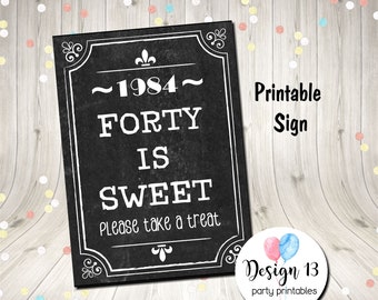 Vintage Chalkboard 40th Birthday 40 Is Sweet Sign Candy Table Candy Bar Sign Digital Printable Instant Download