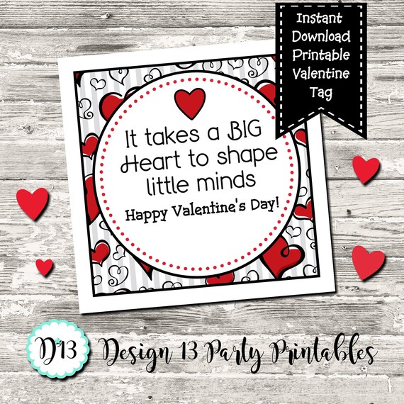 Teacher Valentine Takes A Big Heart To Shape Little Minds Square Tag Digital Printable INSTANT DOWNLOAD Il_570xn
