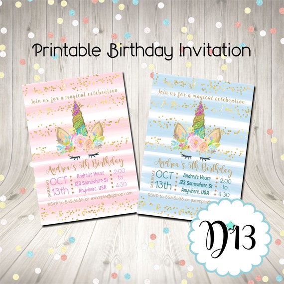 Unicorn Face Birthday Invitation Pastel Flowers Digital Printable Il_570xn