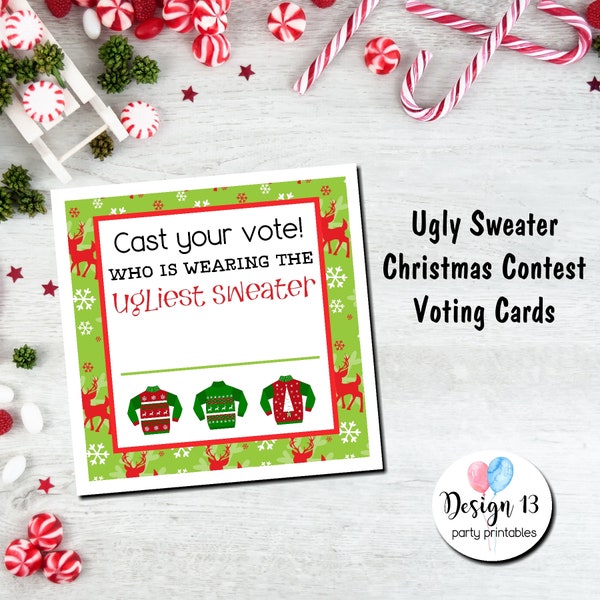 Ugly Christmas Sweater Contest Voting Cards Digital Printable INSTANT DOWNLOAD