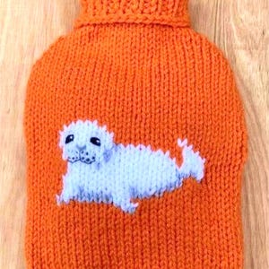 Seal Pup Hot Water Bottle Cover, Knitting Pattern, for a 2 litre hot water bottle.