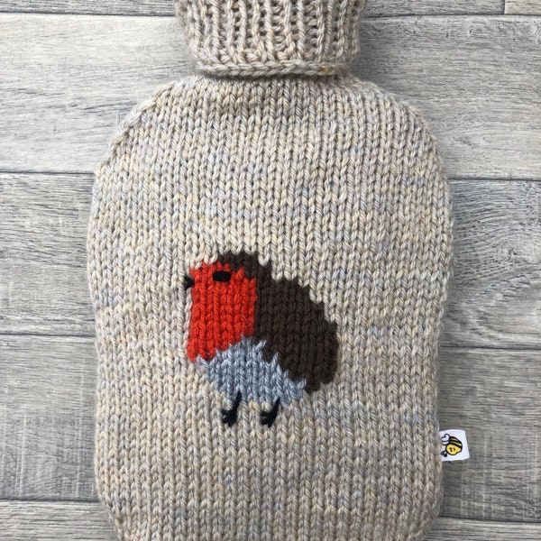 Robin Hot Water Bottle Cover, Knitting Pattern, for a 2 litre hot water bottle, chunky/bulky weight yarn.