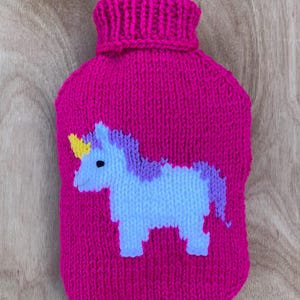 Unicorn Hot Water Bottle cover, knitting pattern, for a 2 litre hot water bottle, chunky/ bulky weight yarn.