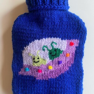 May include: A blue knitted hot water bottle cover with a purple and green embroidered design of two smiling slugs on a cloud with colorful dots.