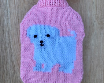 Maltese Terrier, Hot Water Bottle Cover, hand knitted