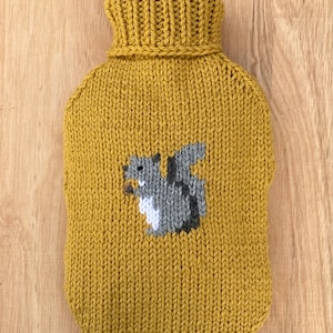Squirrel Hot Water Bottle Cover, Knitting Pattern, for a 2 litre hot water bottle, chunky/bulky weight yarn.