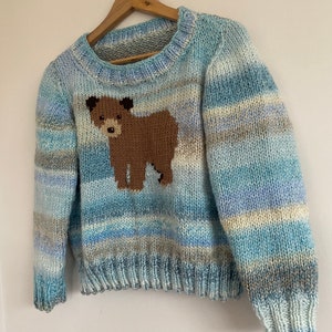 May include: A blue and white striped knitted sweater with a brown bear applique. The sweater has a crew neck and long sleeves.