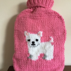 Westie, Hot Water Bottle Cover, knitting pattern, for a 2 litre hot water bottle, chunky/ bulky weight yarn.