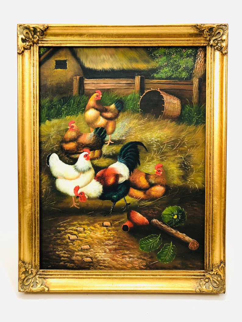 Rooster Chicken Coop Rooster Decor Farm Life Farm Decor Farm Painting Framed Painting Chicken Oil Painting Wall Art