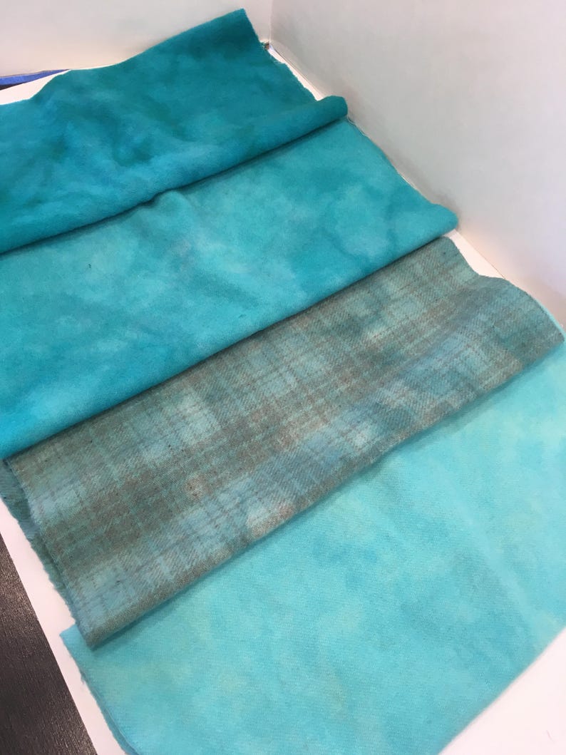 TURQUOISE BLUE group hand dyed and felted wool for rug hooking and other fiber arts projects image 3