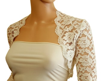 Womens lace bolero Jacket in White , Ivory or black 40% COTTON   with 3/4 sleeves Sizes 8 to 20 UK