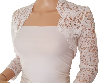 Womens Ivory Lace Bridal Bolero 3/4 or Short Sleeved in sizes UK 8 to 18