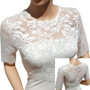 Women's Ivory cropped and stretch lace bolero/jacket and half sleeve in sizes 8 to 18 UK