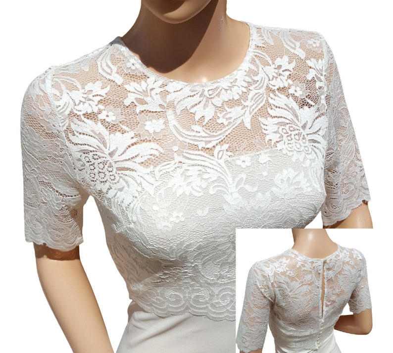 Women's Ivory cropped and stretch lace bolero/jacket and half sleeve in sizes 8 to 18 UK image 1