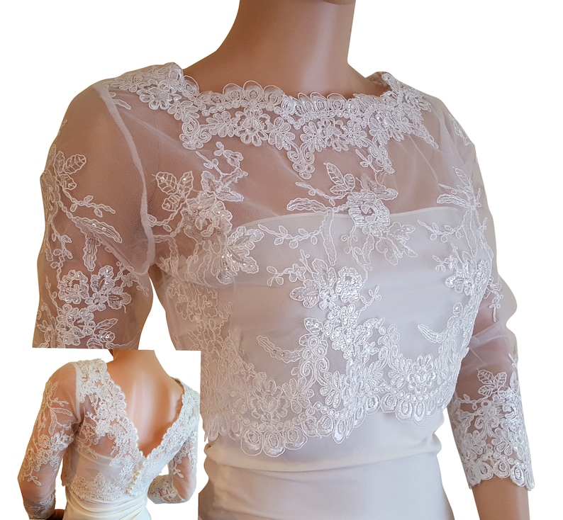 v back bolero with 34 length sleeves with a button fastening detail back size UK 8-18 fullly lined Pale Ivory cropped sequined lace