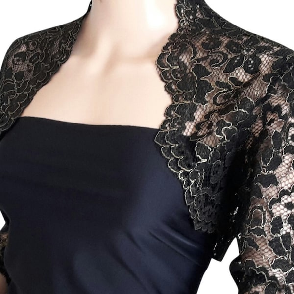 Womens black/gold or black/silver Corded Lace Bolero - Jacket sizes 8 to 18 UK