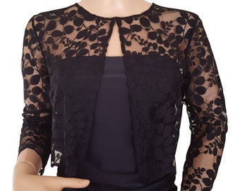 Bladerdessin kanten jasje/bolero in zwart 68 procent KATOEN 32 procent NYLON met 3/4 mouwen in Britse maten 8 tot 18