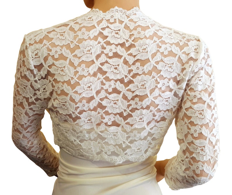 Womens lace bolero Jacket in White , Ivory or black 40% COTTON with 3/4 sleeves Sizes 8 to 20 UK image 2