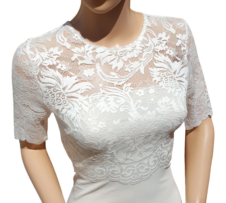 Women's Ivory cropped and stretch lace bolero/jacket and half sleeve in sizes 8 to 18 UK image 5