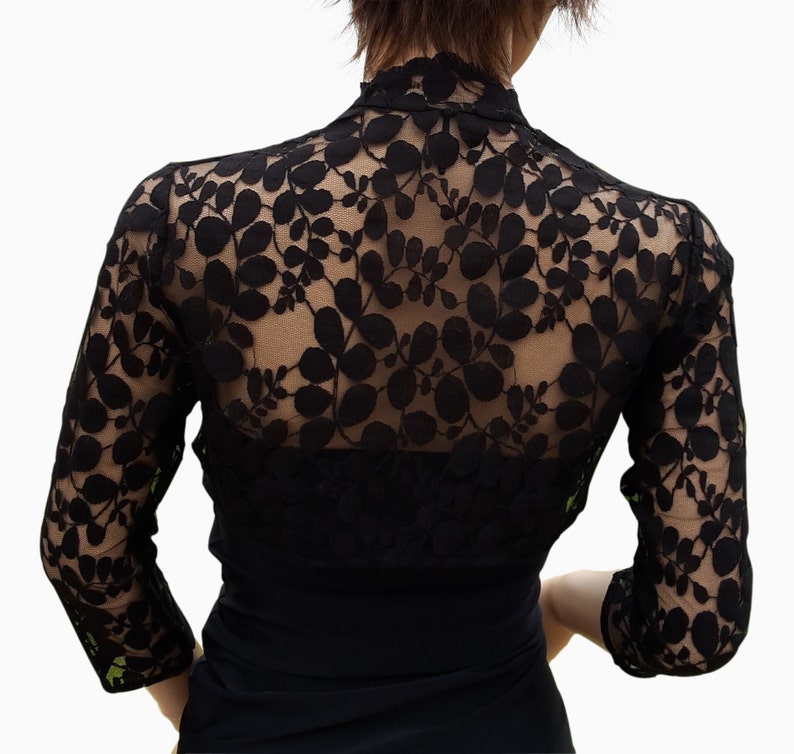 Women's Black leaf design 3/4 sleeved bolero , 68 percent COTTON 32 percent NYLON in sizes 8 to 18 UK image 3
