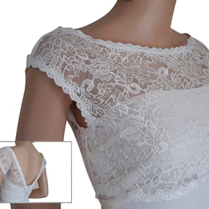 Ladies  White or Ivory Lace Bridal Shrug/ cover up with button detail  for Weddings, Proms, Balls or Cruises in sizes UK  8,10,12,14,16 & 18