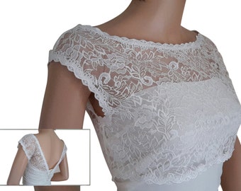 Ladies  White or Ivory Lace Bridal Shrug/ cover up with button detail  for Weddings, Proms, Balls or Cruises in sizes UK  8,10,12,14,16 & 18