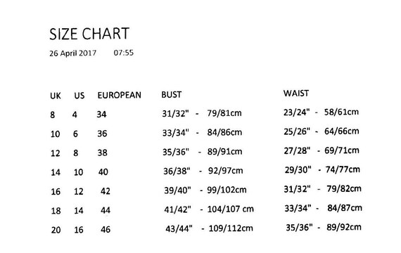 Bolero Size Chart