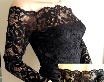 Stretch lace Off the shoulder cover up / Bolero/ Jacket in Black  in sizes  UK 8 to 18