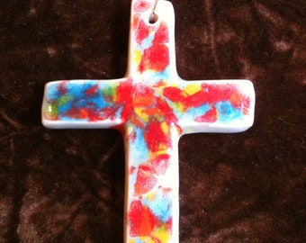 Cross multi color handmade Pottery Ornament