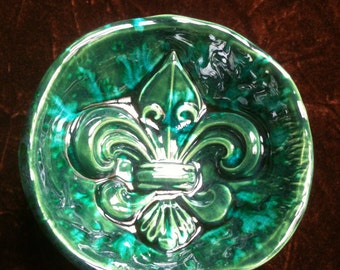 Fleur de Lis ocean green hand made Pottery Bowl