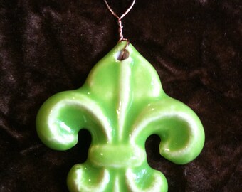 Fleur de Lis yellow green handmade Pottery Ornament