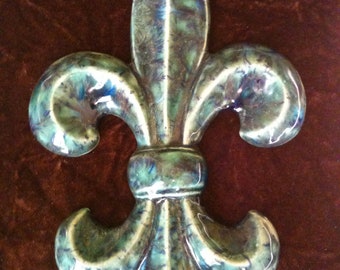 Fleur de Lis handmade marbled blue decorative Pottery Wall Hanging