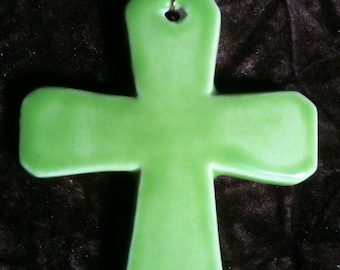 Cross yellow green handmade Pottery Ornament