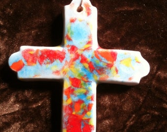 Cross multi color handmade Pottery Ornament