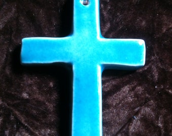 Cross glacier blue handmade Pottery Ornament