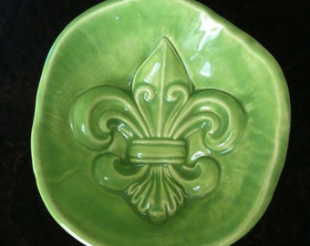 Fleur de Lis yellow green handmade Pottery Bowl