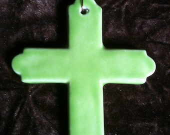 Cross yellow green handmade Pottery Ornament