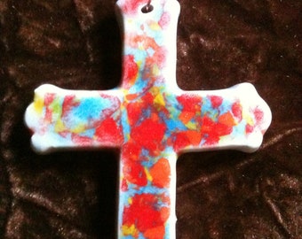 Cross multi color handmade Pottery Ornament