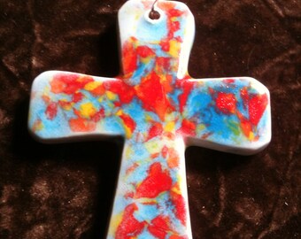 Cross multi color handmade Pottery Ornament