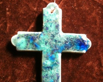 Cross marbled blue handmade Pottery Ornament