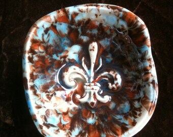 Fleur de Lis mocha and blue handmade Pottery Bowl