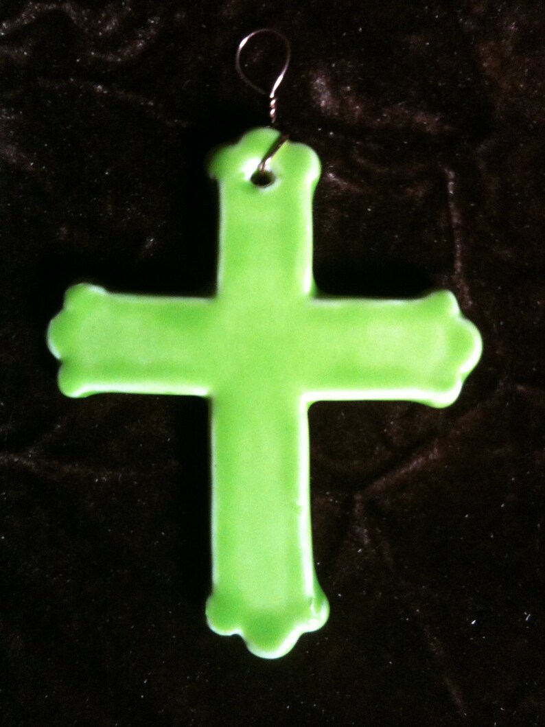 Cross handmade yellow green Pottery Ornament image 1