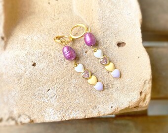 Pink Freshwater Pearl and Multi Colored Enamel Heart Charm Earrings, Gold Jewelry, Heart Jewelry, Cute Earrings