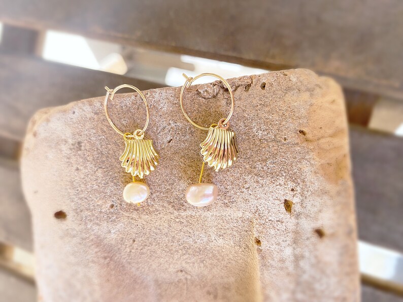 Shell and Freshwater Pearl Hoop Earrings, Gold Earrings, Shell Earrings, Boho Earrings, Shell Jewelry, Pearl Earrings image 1